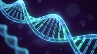 DNA double helix structure with glowing blue light effects against dark background for scientific research and biotechnology applications.