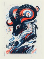 Stylized ram illustration with curved horns in navy blue, red, and light blue geometric patterns on beige background.
