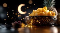 Fresh mango cubes in ornate metal bowl with dates and pineapple on dark background, illuminated by golden crescent moon and bokeh lights for Ramadan celebration.