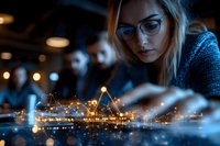 Young blonde businesswoman with glasses analyzing glowing financial data charts and graphs on digital interface for market research and investment planning.