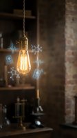 Vintage Edison bulb with glowing digital holographic icons representing smart home technology, IoT connectivity and data visualization in modern interior.
