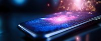 Modern smartphone screen emitting vibrant blue and pink light particles with magical glowing effect against dark background, futuristic mobile technology concept.