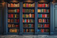 Elegant dark wooden bookcase with vintage leather-bound books arranged by color creating rainbow effect. Illuminated shelves showcase classic literature collection.