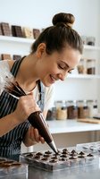 Young woman with dark hair in a bun, Caucasian ethnicity, pastry chef wearing striped apron, piping chocolate onto confectionery molds in professional kitchen setting.