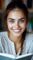 Young woman with blue eyes and dark hair smiling while reading a book, wearing casual clothing. Portrait suitable for education, learning, and lifestyle content.