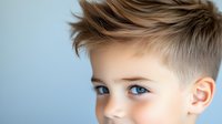 Young boy with trendy short haircut and blue eyes looking away thoughtfully against soft blue background, modern youth portrait in natural lighting.