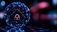Glowing padlock icon in digital sphere with network connections on dark background, representing cybersecurity and data protection in modern technology.