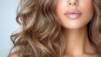 Close up view of plump glossy lips and wavy blonde hair on light background, beauty and cosmetics industry concept for advertising and marketing materials.