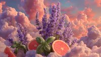 Vibrant lavender flowers and halved pink grapefruit floating among dramatic sunset clouds in surreal composition for food and nature blogs.