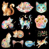 Colorful cat stickers collection featuring playful felines with whimsical patterns, isolated on transparent background. Ready for t-shirts, clipart, print-on-demand products, stickers, and sublimation designs.