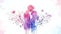 Watercolor silhouettes of romantic couple embracing with decorative swirls and hearts in pink purple gradient for wedding invitations and love designs.