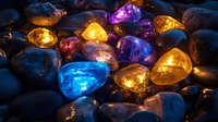 Glowing colorful stones with magical illumination against dark rocks create mystical atmosphere. Blue, purple and golden lights shine through translucent minerals.