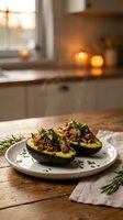 Avocado halves filled with seasoned pulled meat and fresh herbs, served on white plate in warm kitchen with candlelit ambiance and window light.