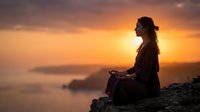 Young woman meditating in lotus pose during golden sunset by ocean, peaceful mindfulness practice for wellness and spiritual growth concepts.