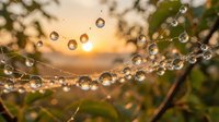 Morning dew drops on spider web with golden sunrise light creating magical bokeh effect in natural garden setting for wellness and nature concepts.