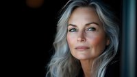 Confident mature blonde woman with striking blue eyes and natural makeup looking directly at camera in soft dramatic lighting for lifestyle photography.