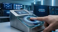 Futuristic biometric fingerprint scanner with glowing interface in high-tech security control room for authentication and access control systems.