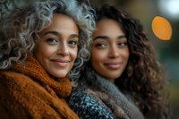 Two diverse women with curly hair smiling warmly in cozy winter sweaters, showcasing friendship and connection in soft natural lighting.