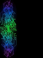Futuristic circuit board pattern with neon gradient colors on black background for technology and digital design projects.