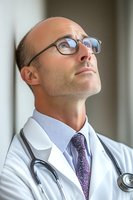 Thoughtful male doctor in white coat and glasses looking up contemplatively with stethoscope around neck, representing medical expertise and professional care.