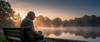 Senior man sitting alone on wooden bench by misty lake at sunrise, peaceful morning reflection and solitude in nature park setting.