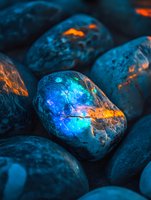 Luminous blue stones with vibrant orange and purple glowing cracks creating mystical energy effect for fantasy designs and magical backgrounds.