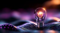 Glowing light bulb on rippled metallic surface with purple bokeh background creates futuristic atmosphere for innovation and creative concepts.
