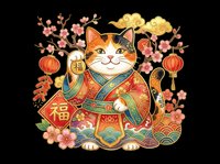 Festive lucky cat in traditional Asian attire with lanterns, cherry blossoms, and fortune symbols, isolated on transparent background, for t-shirts, stickers, print on demand.