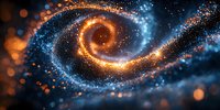 Mesmerizing spiral galaxy formation with glowing orange and blue particles swirling in cosmic dance against dark space background, creating ethereal celestial art.