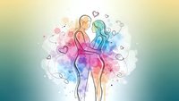 Romantic couple embracing in watercolor style with colorful splash effects and floating hearts on gradient background for love themed designs.