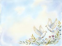 Two white doves flying with olive branches and wildflowers on watercolor background. Suitable for wedding invitations, peace concepts, and greeting card designs.
