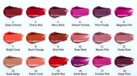 Colorful lipstick swatches collection showing various shades from nude to bold red and purple tones for beauty and cosmetics design projects.