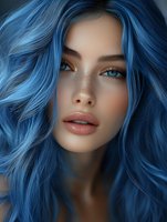 Young woman with vibrant blue wavy hair, freckles, and natural makeup gazes intensely with bright blue eyes. Artistic beauty portrait with soft lighting.