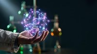 Hand holding glowing digital sphere with network connections and data nodes, representing technology, innovation, artificial intelligence, and global digital transformation concepts.