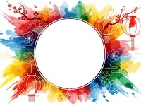 Vibrant watercolor splash frame with floral elements and geometric shapes creating colorful border for text, logos, invitations, and creative design projects.
