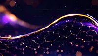 Abstract technology background with glowing hexagonal grid pattern and golden light wave, illuminated by purple and pink bokeh lights on dark surface.