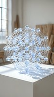Complex geometric molecular structure model with interconnected nodes and lines displayed on white table in modern interior space for educational purposes.