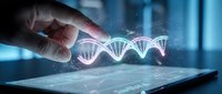 Hand touching glowing DNA double helix structure on tablet screen representing genetic research, biotechnology innovation and medical science advancement.