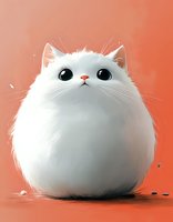 Adorable round white cat with big expressive eyes against coral background, perfect for pet-themed designs and social media content.