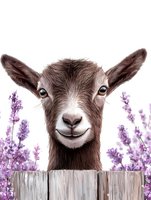 Smiling brown goat peering over wooden fence with purple lavender flowers in background, close up portrait showing friendly expression and distinctive ears.