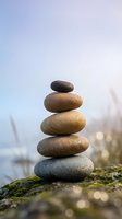 Balanced stack of smooth river stones on moss-covered rock creating zen meditation symbol against soft blurred natural background for wellness concepts.