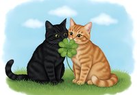 Two cats sitting together on grass holding a four-leaf clover, one black and one orange tabby, against a blue sky with clouds. Suitable for greeting cards, children's illustrations, and luck-themed designs.