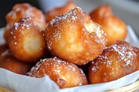 Fresh homemade donut holes dusted with powdered sugar, golden brown and perfectly fried, served in white paper, close-up view showing soft texture and sweet coating.
