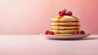Stack of golden pancakes topped with fresh raspberries and syrup on pink background for breakfast menu and food photography projects.