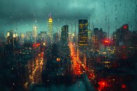 Rainy evening cityscape with illuminated skyscrapers and streets viewed through water droplets on glass, creating atmospheric urban scene.