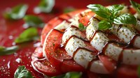 Fresh caprese salad with layered mozzarella, ripe tomatoes, basil leaves, and balsamic glaze on red background, macro food photography with selective focus.