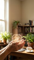 Elderly hands holding a glowing digital shield hologram in a cozy home interior, symbolizing personal data protection and senior online security.
