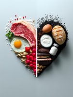 Balanced diet concept split heart shape with raw meat, egg, fresh produce on left side and whole grain bread, dairy, legumes on right side for nutrition and healthy eating.