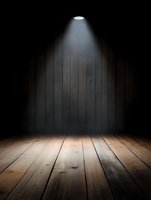 Dramatic spotlight beam illuminating empty wooden stage floor against dark wall, creating atmospheric theater-like space with strong contrast and shadows.