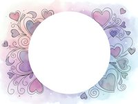 Romantic watercolor frame with decorative hearts and swirls in pastel pink and purple tones, circular white space for text or design elements.